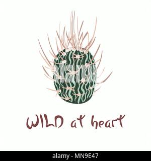 Scritto a mano scritte messaggio slogan selvaggio a cuore con immagine di cactus Illustrazione Vettoriale