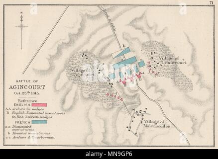 Battaglia di AGINCOURT.1415. Inglese / Francese. Cento anni di guerra. Piccola 1907 mappa vecchia Foto Stock