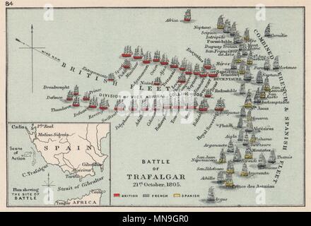 Battaglia di Trafalgar. Il 21 ottobre 1805. La guerra della terza coalizione. Piccola 1907 mappa Foto Stock
