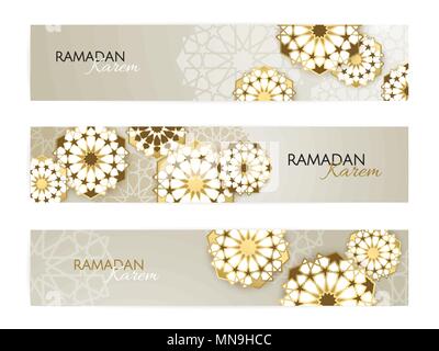 Il Ramadan Kareem Banner orizzontale con 3d arabesque stelle e fiori. Illustrazione Vettoriale per biglietto di auguri, poster e voucher. Illustrazione Vettoriale