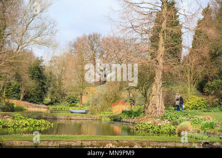 Paesaggio e giardino paesaggistico: lo stagno e in legno barca a remi il Beth Chatto Gardens a Colchester, Essex in primavera, a sud-est Inghilterra Foto Stock