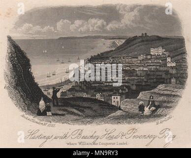 Hastings con Beachy Head & Pevensey Bay, Sussex. Antica incisione in acciaio 1861 Foto Stock