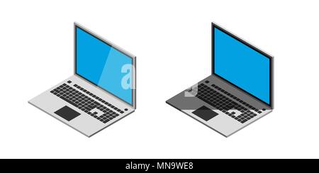 Laptop aperti in vista isometrica su bianco. Set. Illustrazione Vettoriale