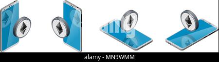 Smartphone e round icona Ethereum in vista isometrica. Posizione diversa, vista. impostare Illustrazione Vettoriale