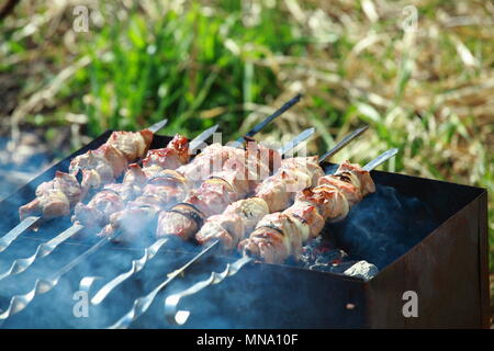 Sul fuoco preparare succosi pezzi di carne su spiedini. Foto Stock