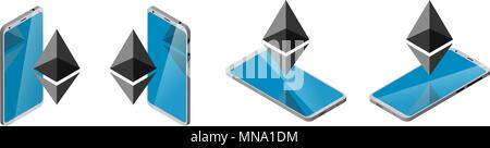 Segno Ethereum vicino a smartphone. isometry. diversa posizione, vista. Set. Finanziarie, bancarie simbolo. Trasferimento elettronico. cryptocurrency Illustrazione Vettoriale