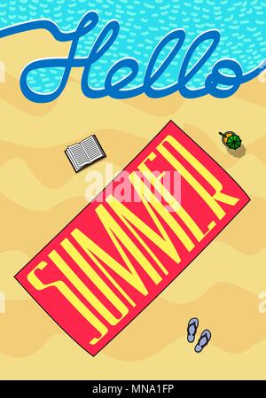 Asciugamano sulla spiaggia vicino al mare. lettering Ciao estate. Poster di estate Illustrazione Vettoriale