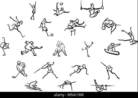 Stickmen atletica estate e inverno giochi, disegnati a mano vector scarabocchi su sfondo bianco Illustrazione Vettoriale