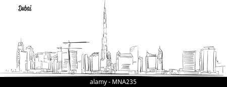 Dubai, Emirati Arabi Uniti. Panorama vettore schizzo di contorno. Disegnate a mano Silhouette. Illustrazione Vettoriale