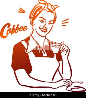 Donna Vintage azienda tazza di caffè, disegnati a mano immagini vettoriali con piccolo Lettering Headline. Usabe come parte del Logo design für Cafe, un ristorante o qualsiasi Illustrazione Vettoriale