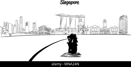 Profilo di Singapore Silhouette con Lion in primo piano, vettore abbozzato illustrazioni di contorno Illustrazione Vettoriale