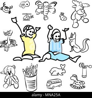 Ridendo doodle Kids con abbozzato giocattoli, vettore illustrazione di contorno Illustrazione Vettoriale