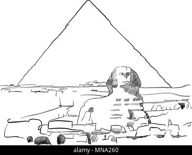 Giza Sfinge con piramidi abbozzato, famoso punto di riferimento di destinazione, disegnati a mano oggetti grafici vettoriali Illustrazione Vettoriale