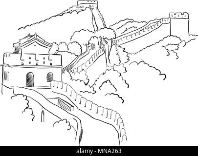 China Great Wall disegno vettoriale, famoso punto di riferimento di destinazione, disegnato a mano illustrazioni di contorno Illustrazione Vettoriale