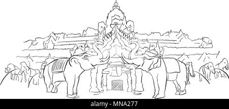 Phuket Fantasea Palace Theatre con elefanti, famoso punto di riferimento di destinazione, disegnati a mano oggetti grafici vettoriali Illustrazione Vettoriale