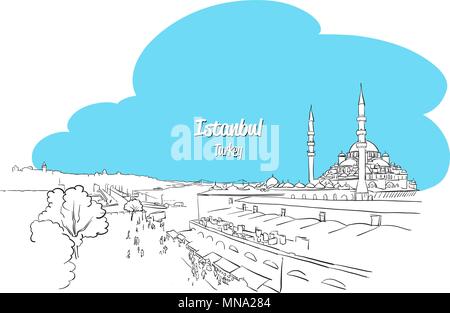 Lo Skyline di Istanbul Panorama abbozzato bigliettino, disegnati a mano vettore illustrazione di contorno Illustrazione Vettoriale