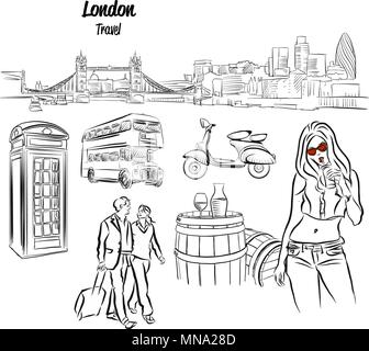 Panorama di Londra e le icone di viaggio schizzi disegnati a mano vettore illustrazione di contorno Illustrazione Vettoriale