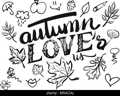 Autunno ci ama di un refuso e icone, disegnato a mano la calligrafia vettore Greeting Card Concept Illustrazione Vettoriale