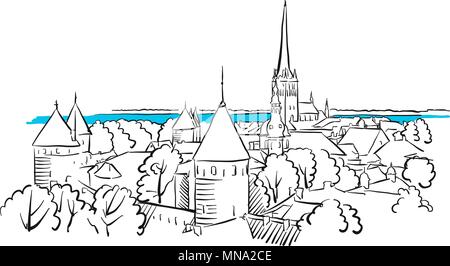 Riga Antica Panorama Greeting Card Sketch, disegnati a mano contorno vettoriale Illustrazione illustrazione Illustrazione Vettoriale