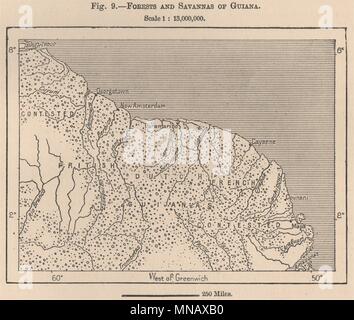 Foreste e savane della Guyana. La Guyana. Sud America 1885 antica mappa Foto Stock