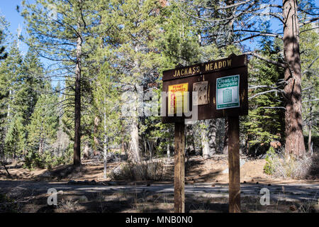 Jackass prato campeggio segno Sequoia National Forest California USA Foto Stock