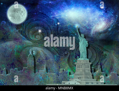 La città di New York skyline Fantasy e la Statua della Libertà Foto Stock