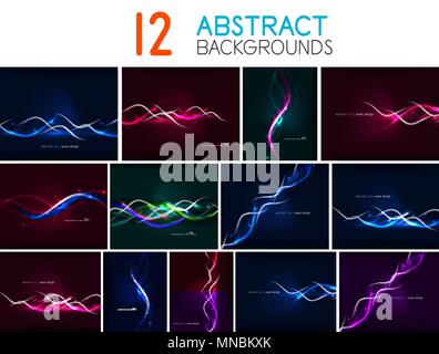 Set di onda incandescente linee sfondi astratti. Set di onda incandescente linee sfondi astratti, strisce di curva al buio Illustrazione Vettoriale