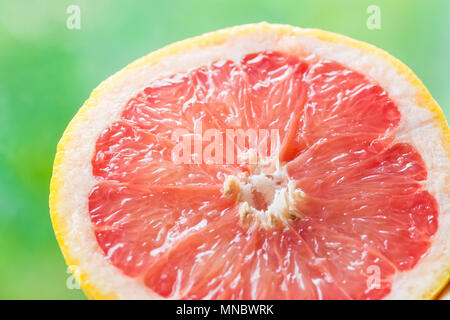 Semi cerchio fetta di Ripe succosa pompelmo rosso sul fogliame verde sullo sfondo della natura. Vitamine Dieta sana Estate Detox vegane Superfoods concetto. Poster Foto Stock