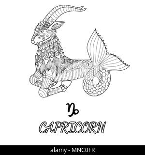 Line art design del Capricorno segno zodiacale per elemento di design e di colorazione per adulti pagina del libro. Illustrazione Vettoriale Illustrazione Vettoriale