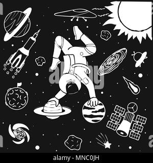 Astronauta divertente fare yoga su planetsin space design per la stampa, illustrazione e colorazione pagina del libro per bambini e adulti Illustrazione Vettoriale