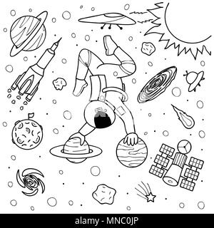 Astronauta divertente fare yoga su planetsin space design per la stampa, illustrazione e colorazione pagina del libro per bambini e adulti Illustrazione Vettoriale