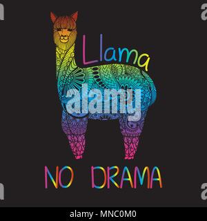 Disegnata a mano di colore arcobaleno tipografia slogan "Llama no drama' sotto cute doodle llama o alpaca,illustrazione vettoriale per t shirt stampa e ricamo, Illustrazione Vettoriale