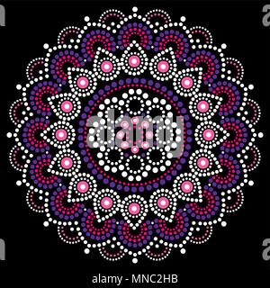 Mandala dot pittura disegno vettoriale, stile aborigeno australiano, arte popolare boho ornamento in rosa e viola Illustrazione Vettoriale