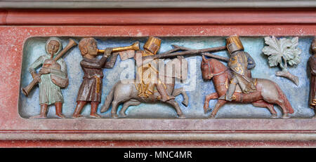 Dettaglio del XIII secolo il castello di Malbork, fondata dai Cavalieri dell'Ordine Teutonico, un sito Patrimonio Mondiale dell'Unesco. Marienburg (Mary's Castle). Pom Foto Stock
