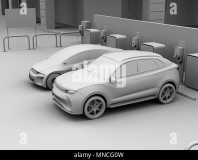 Il rendering di argilla di SUV elettrico e auto-guida sedan in automobile condividere parcheggio. Il rendering 3D'immagine. Foto Stock