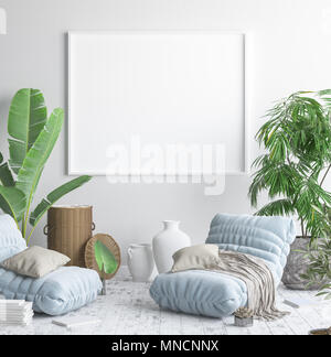 Mock up del fotogramma poster in background interni stile scandinavo, 3D render Foto Stock