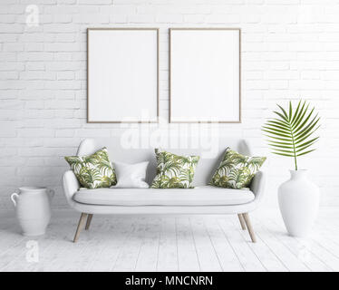 Mock up fotogrammi in salotto interno con divano bianco su bianco muro di mattoni, stile scandinavo, 3D render Foto Stock