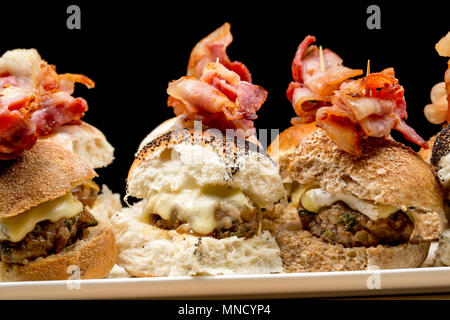 Mini selvaggina e carne di maiale hamburger da home-sella macinate e collo di filetti di un Capriolo, Capreolus capreolus e supermercato macinate di maiale. Fritti Foto Stock