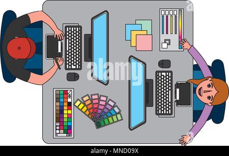 Vista aerea del lavoro di squadra lavora con i computer Illustrazione Vettoriale