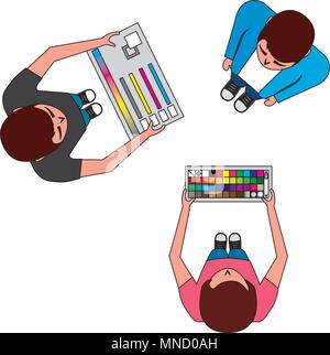 Vista aerea del lavoro di squadra di graphic designer con pannello strumenti Illustrazione Vettoriale