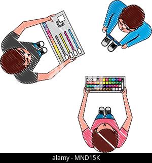 Vista aerea del lavoro di squadra di graphic designer con pannello strumenti Illustrazione Vettoriale