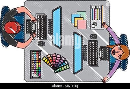 Vista aerea del lavoro di squadra lavora con i computer Illustrazione Vettoriale
