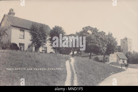 Vintage Fotografia di Chalton Post Office e Chiesa, Hampshire, Inghilterra, Regno Unito Foto Stock