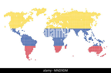 Punteggiato mappa del mondo in Colombia bandiera colori isolati su sfondo bianco. Foto Stock