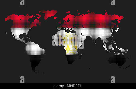 Punteggiato mappa del mondo in Egitto bandiera colori isolati su sfondo grigio. Foto Stock