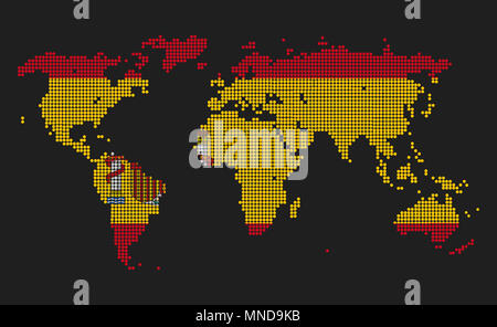 Punteggiato mappa del mondo in Spagna bandiera colori isolati su sfondo grigio. Foto Stock