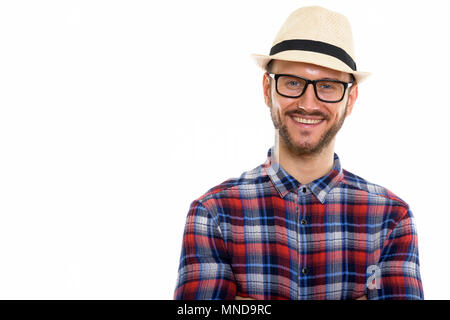 Studio shot di felice giovane uomo sorridente Foto Stock