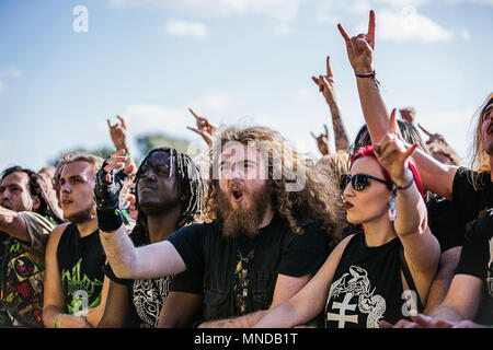 Il festival di musica folla. La musica heavy metal festival guardare la folla con corna in aria Foto Stock