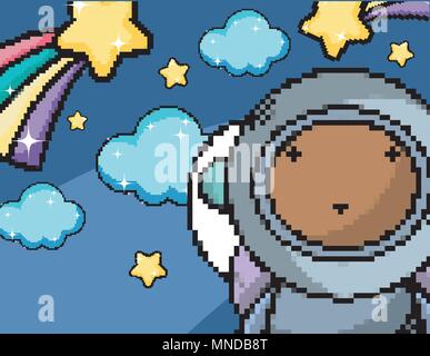 Astronauta boy nella galassia arte pixel Illustrazione Vettoriale