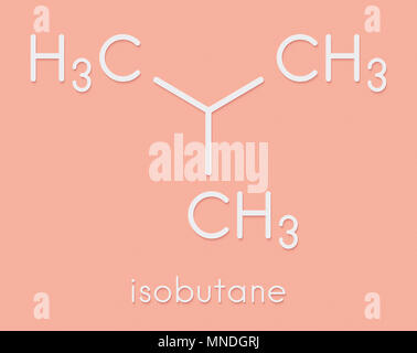 Isobutano (i-butano, metilpropano) alcano molecola. Usato come refrigerante (in congelatori e frigoriferi) e come propellente (in bombolette spray). Skelet Foto Stock